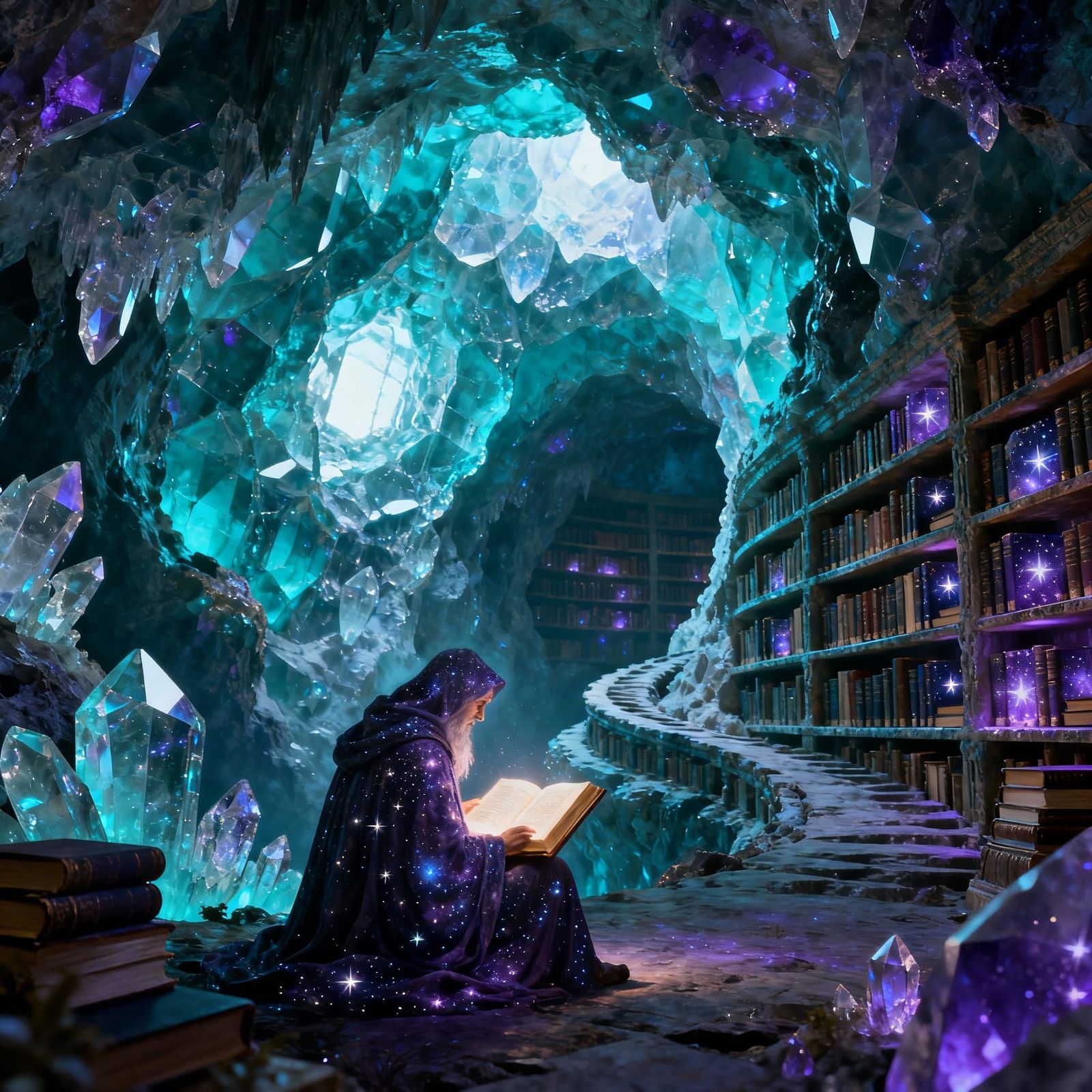 Ancient Geode Library with Starlight Books