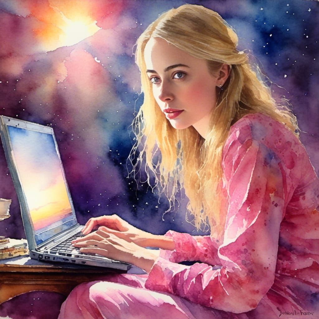 Watercolor Portrait: Woman Typing at Sunset