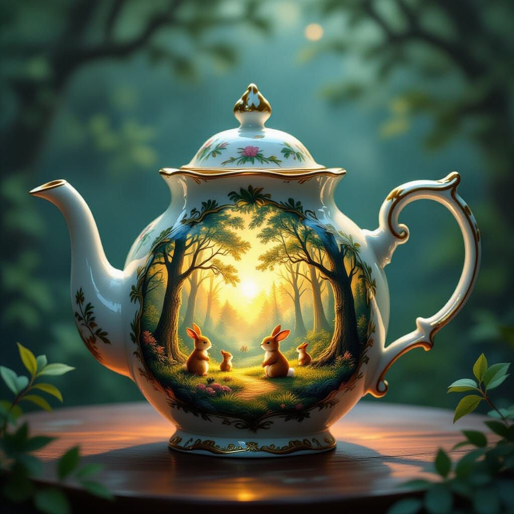 Magical Forest Teapot with Whimsical Creatures