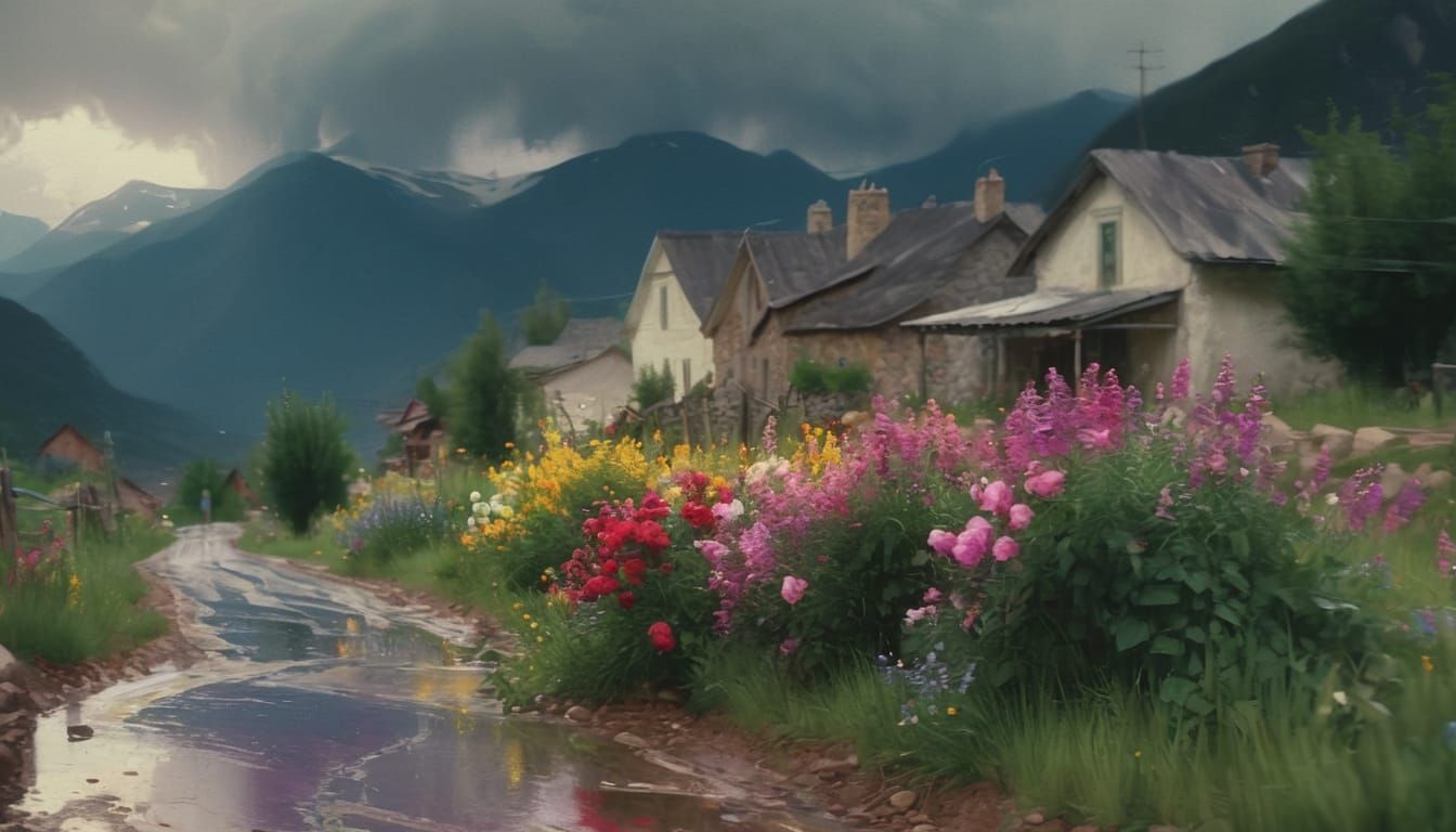 Mountain Village After Rain, Watercolor Style