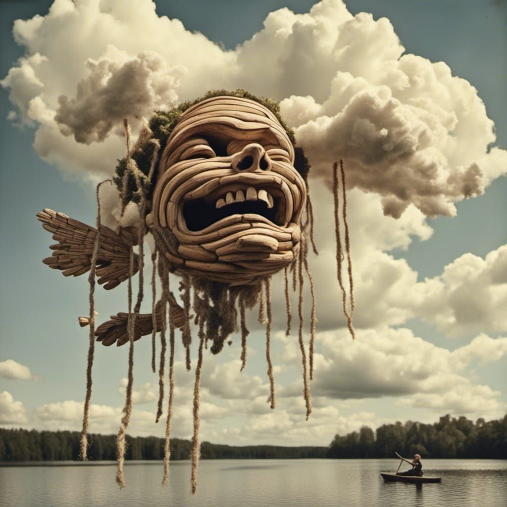 Wooden Woman Drinks Lake in Cloudy Sky