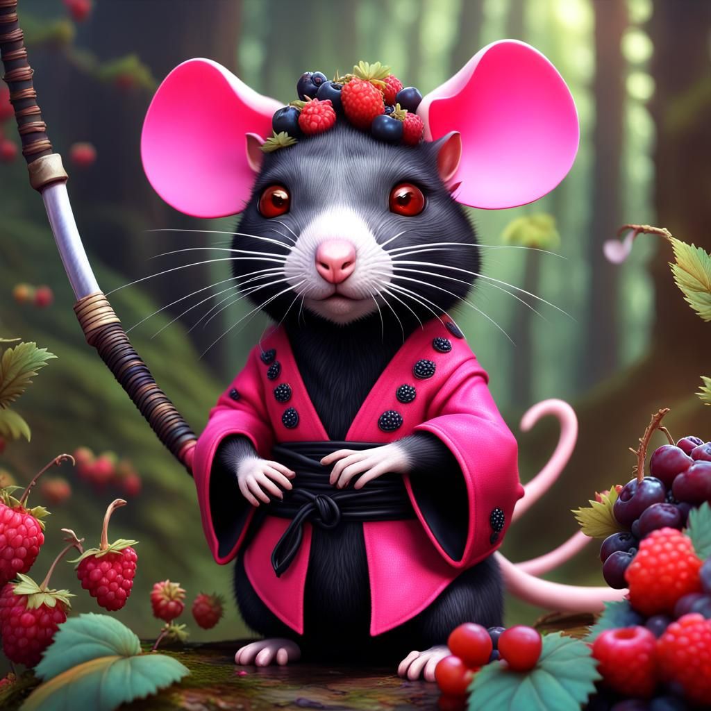 Feminine Ratfolk Samurai in Berry Forest, Digital Art