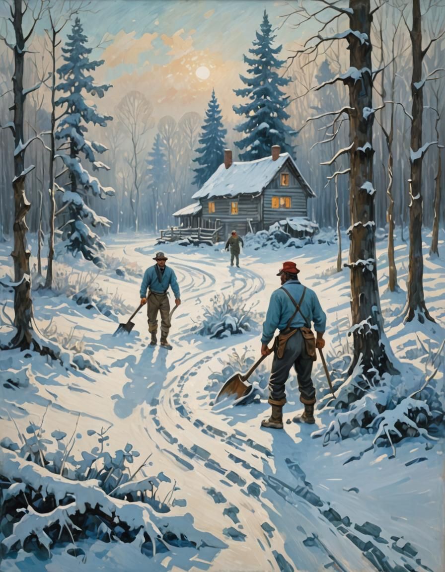 Icy Impressionist Landscape with Woodcutters in Winter