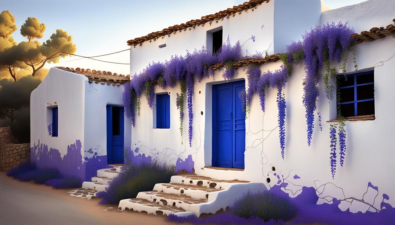 Ibiza Fisherman's House at Dawn in Gouache Style