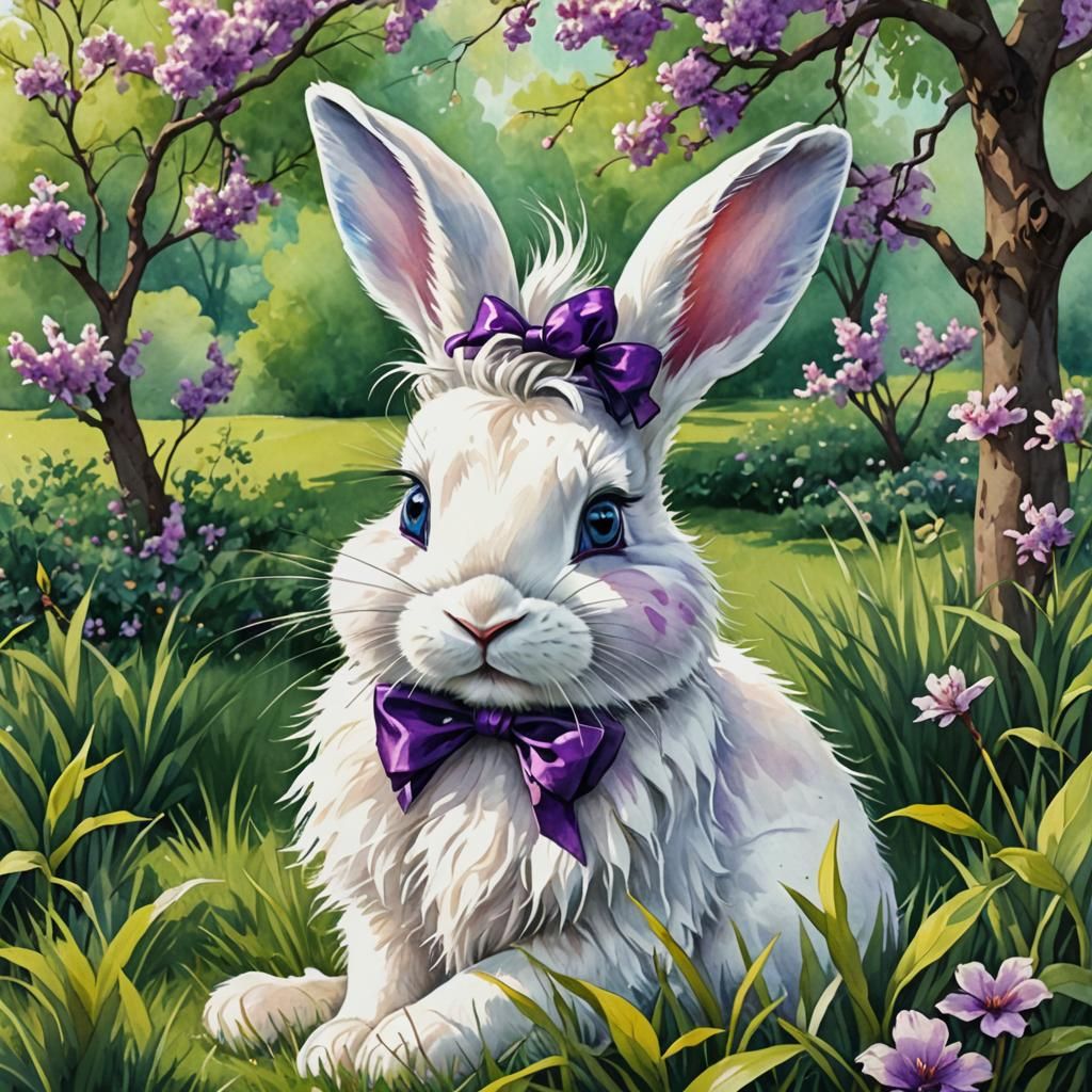 Whimsical White Bunny in Watercolor Pencil Sketch