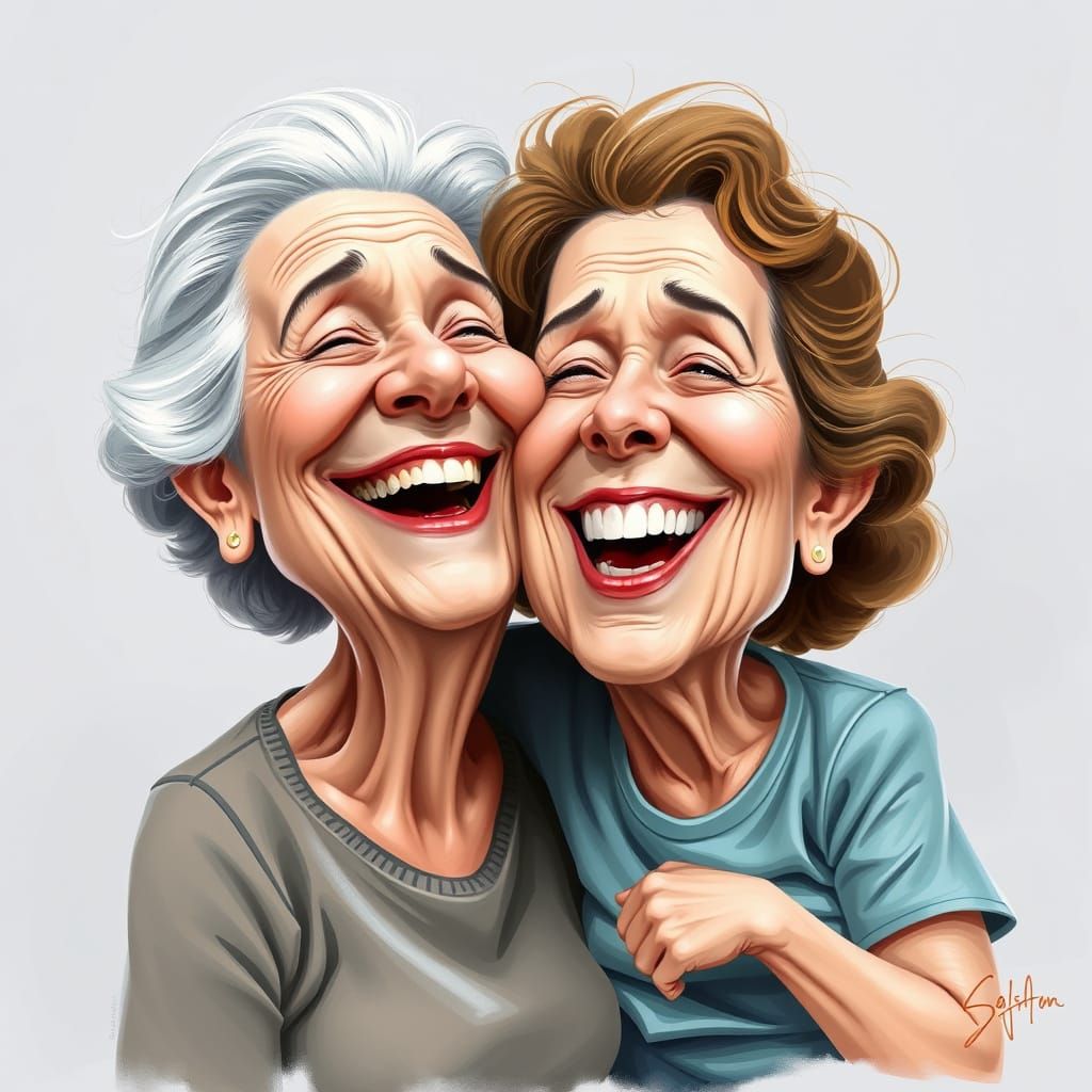 Grandma and Grandchild Laughing Together in Airbrush Art