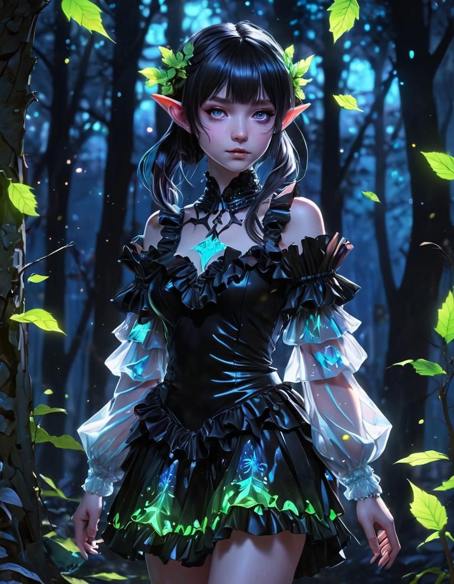 Holographic Elf in Forest, Watercolour Anime Art