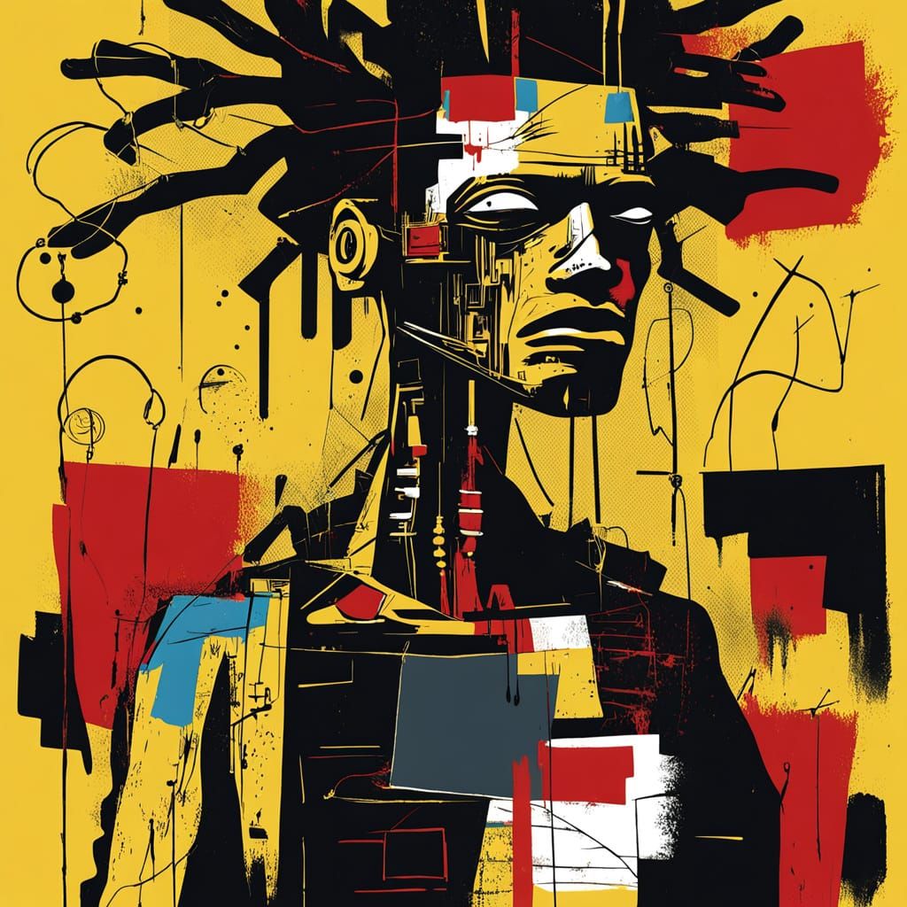 Basquiat-Style Graffiti Art with Human and Robotic Elements
