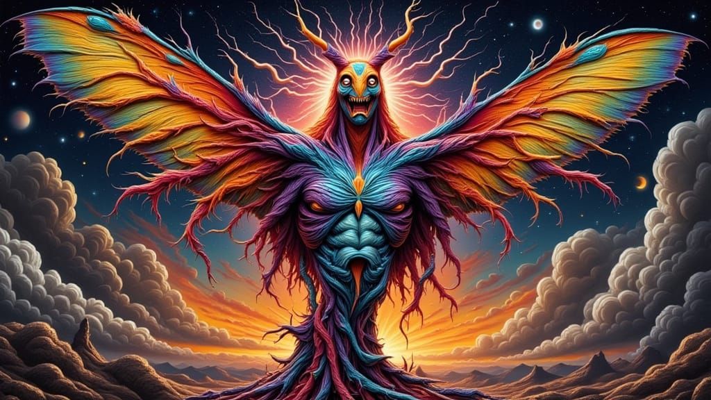 Surreal Man in Moth Costume Illuminated by Rainbow Lightning