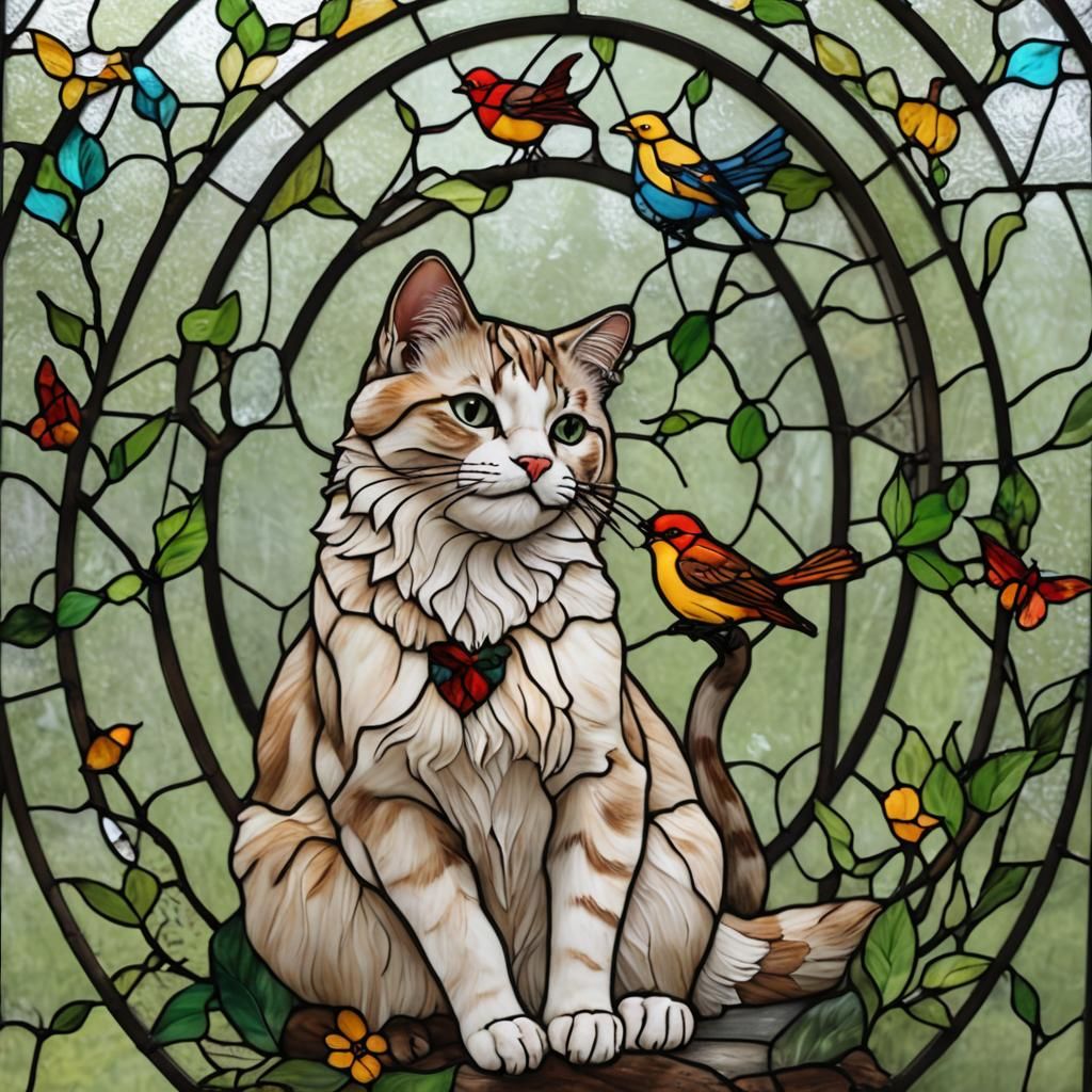 Cat Hunting Bird in Stained Glass Style