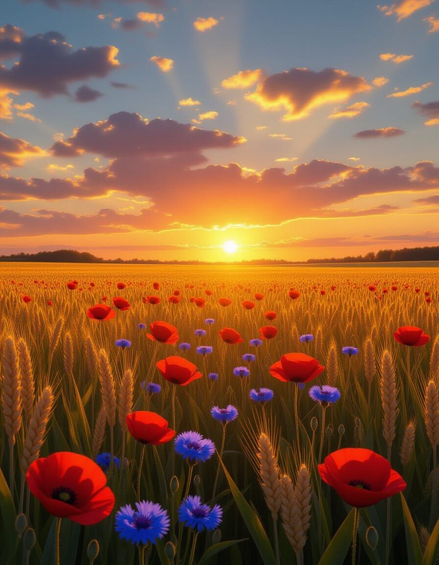 Hyperrealistic Sunset Over Wheat Field with Poppies