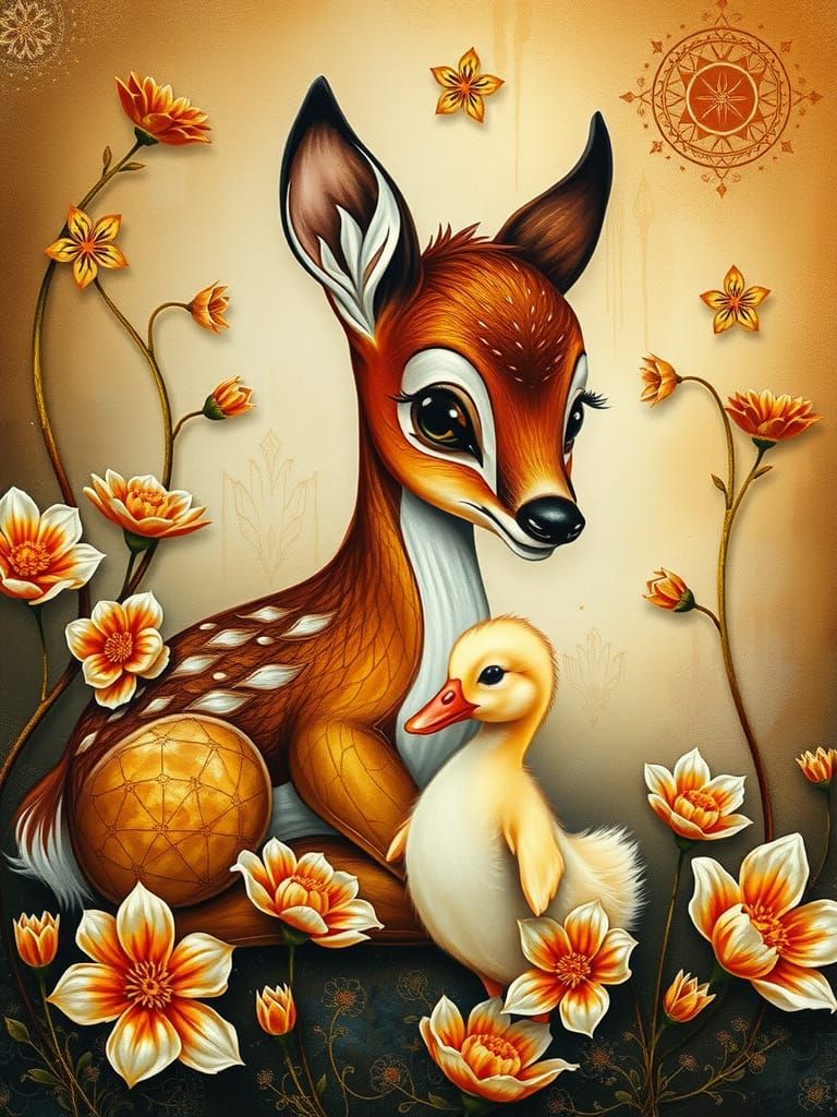 Bambi and Duckling in Surreal Kintsugi Landscape