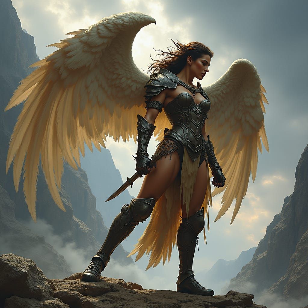 Winged Warrior Woman in Fantasy Landscape