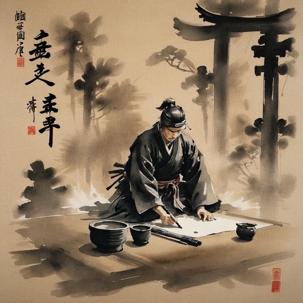 Ninja Calligraphy in Sumi-e Ink Wash Style
