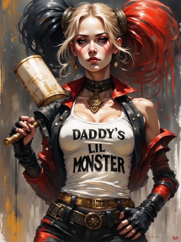 Gothic Harley Quinn with Baseball Bat in Dark, Gritty Style