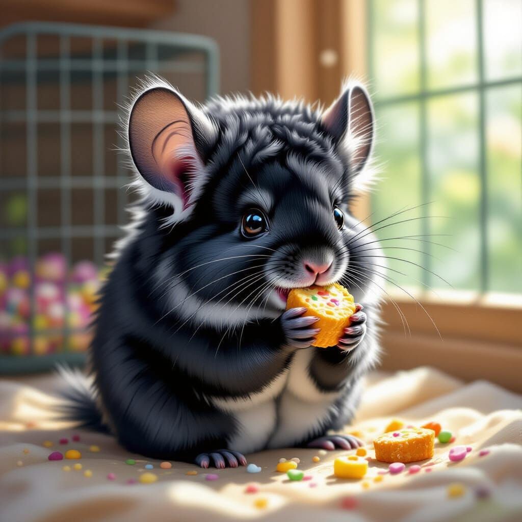Fluffy Black Chinchilla Enjoys Treat in Cage