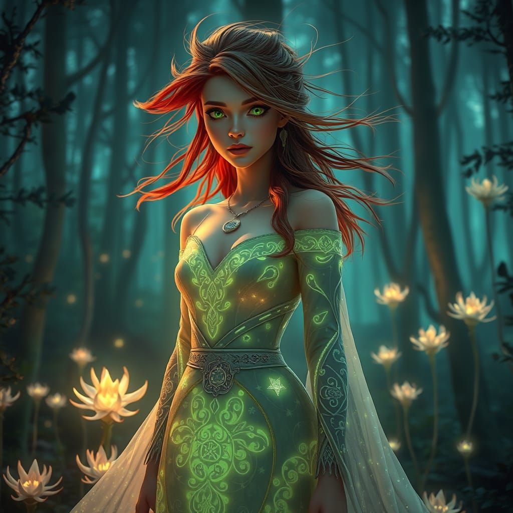 Nordic Goddess in Bioluminescent Forest, Digital Matte Paint...