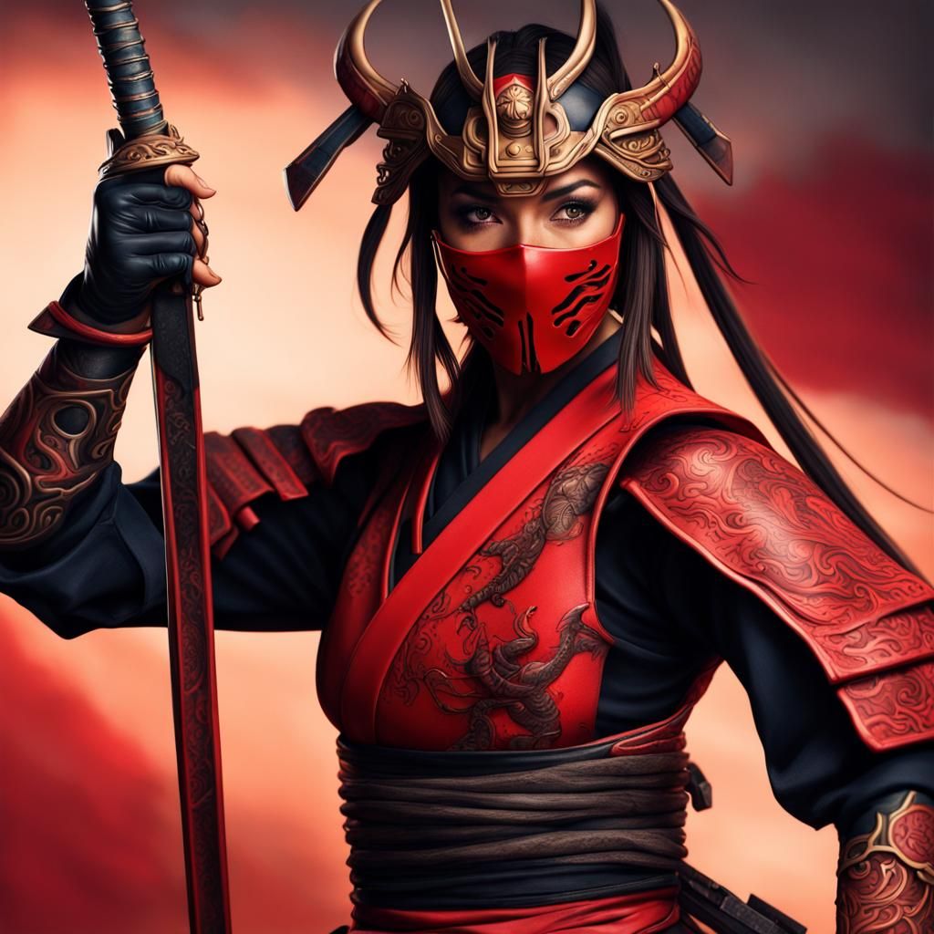 Samurai Warrior in Red Armor with Scorpion Tattoo