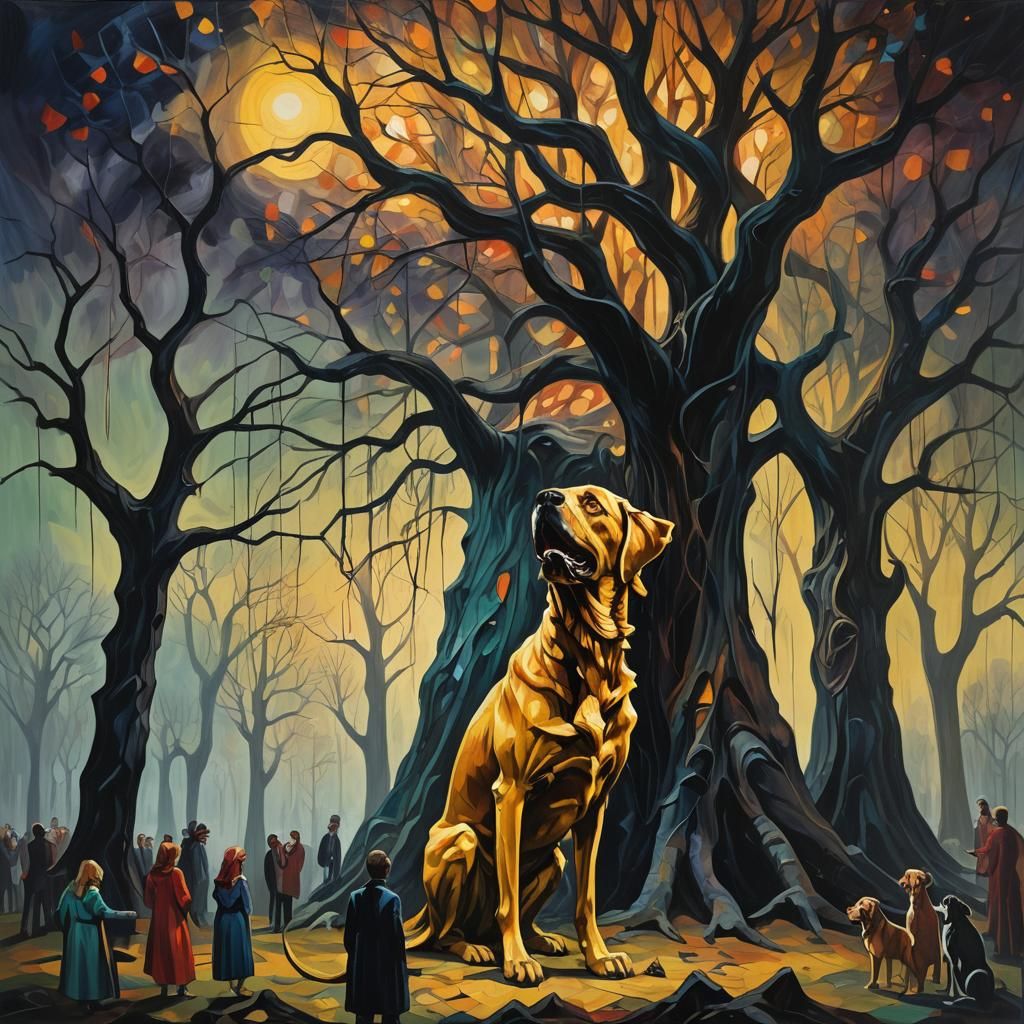 Giant Dog Eats People: Surrealist Oil Painting