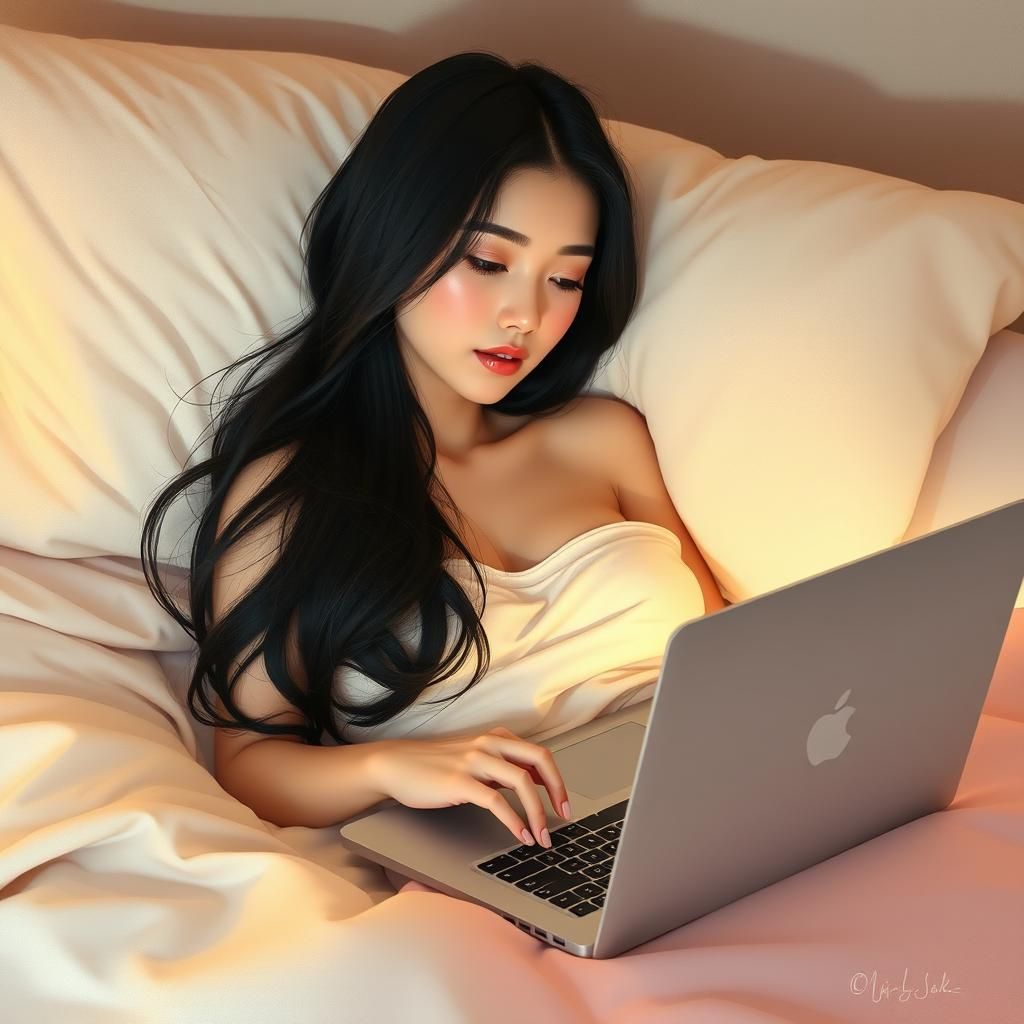 Woman Working on Laptop in Bed, Ethereal Portrait