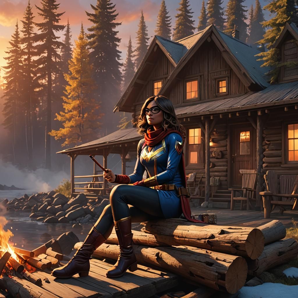 Ms Marvel Smoking Cigar in Alaska, Detailed Matte Painting