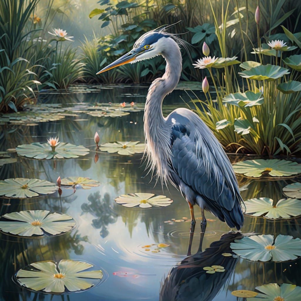 Majestic Heron in Tranquil Water, Watercolour Style