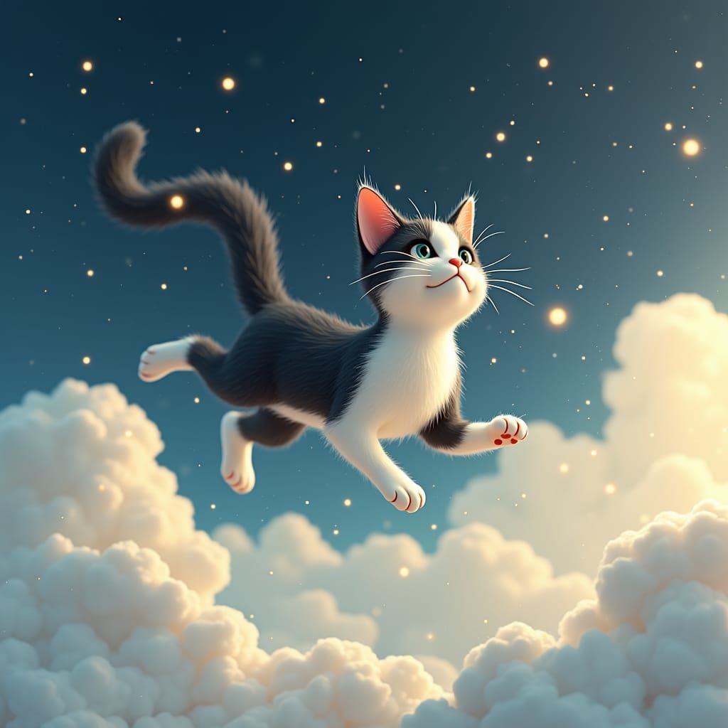 Whimsical Cat Chasing Stars in Dreamy Anime Art