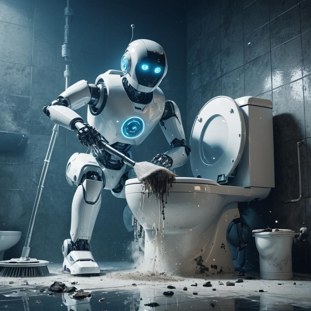 Futuristic Robot Cleans a Dirty Toilet: Cinematic View