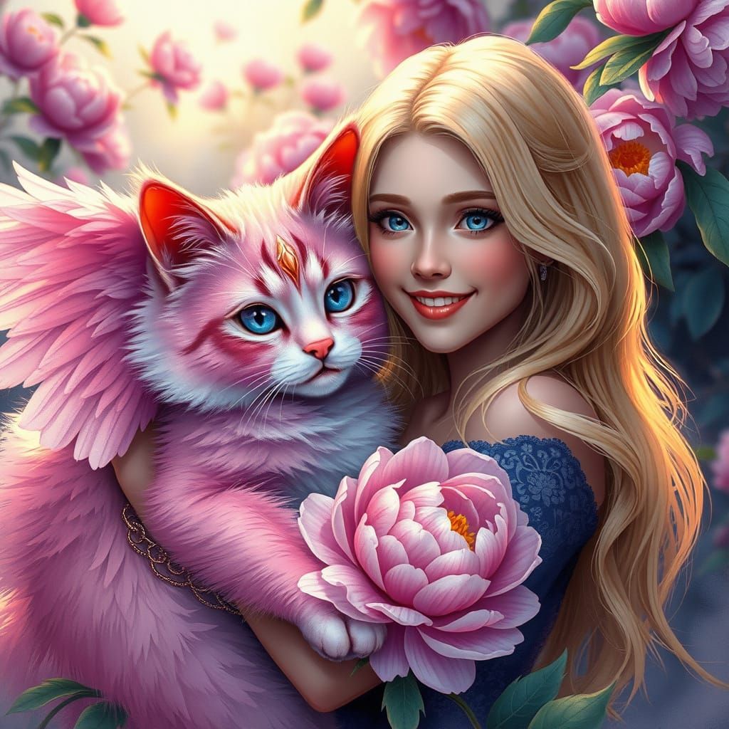 Fluffy Pink Cat Cuddles Woman in Peony Garden