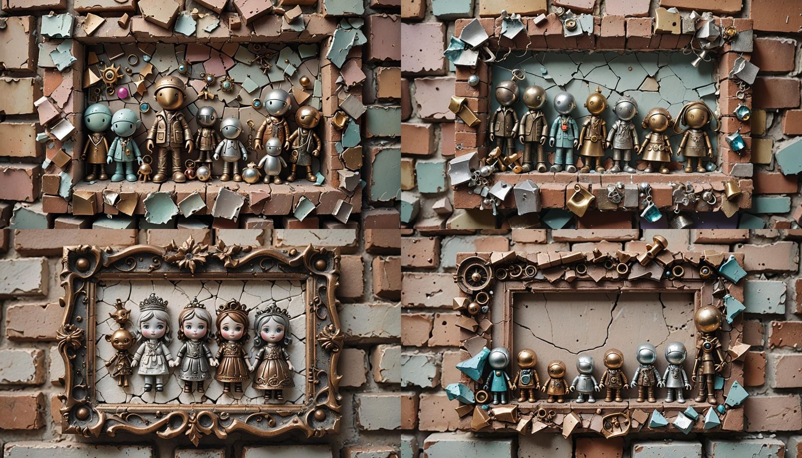 Odd Framed Figures on Cracked Brick Wall