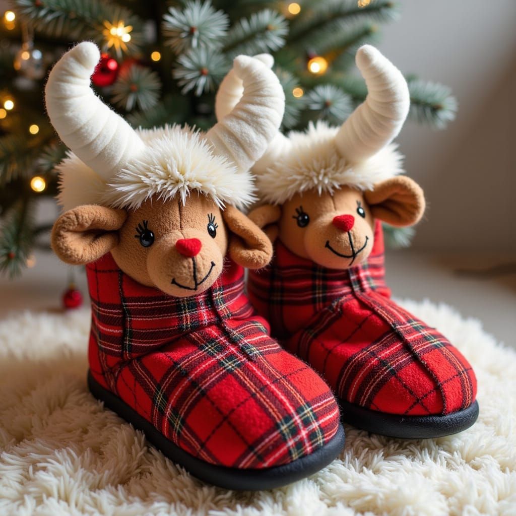 Cozy Tartan Bootie Slippers with Festive Horns