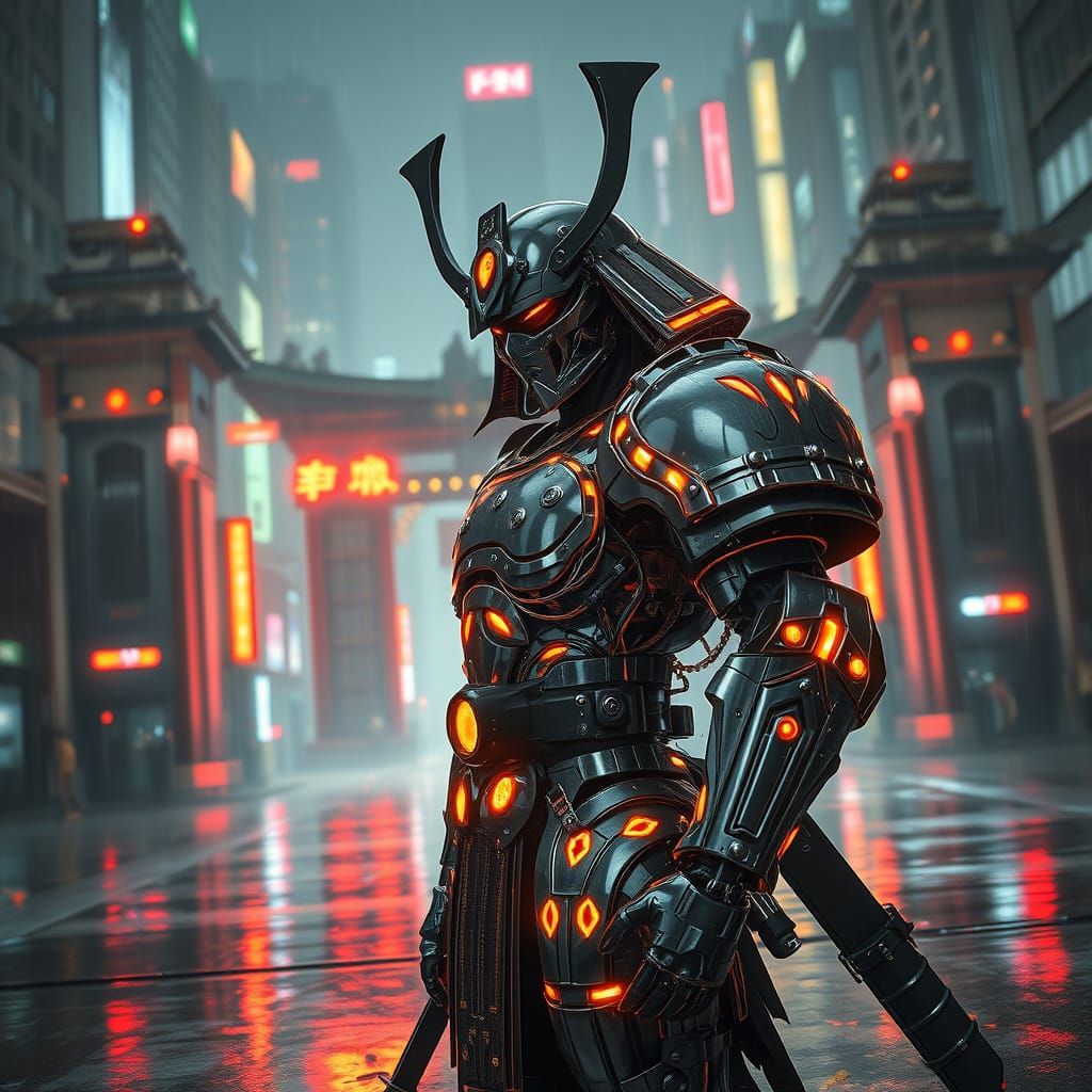 Cyberpunk Samurai in Polished Chrome Armor Stands Guard
