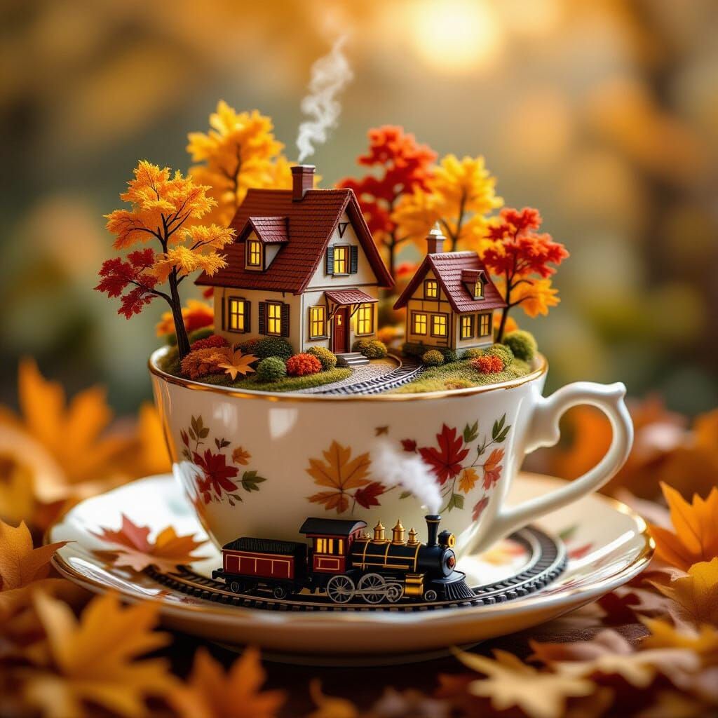 Cozy Teacup Village in Hyperrealistic Autumn Style