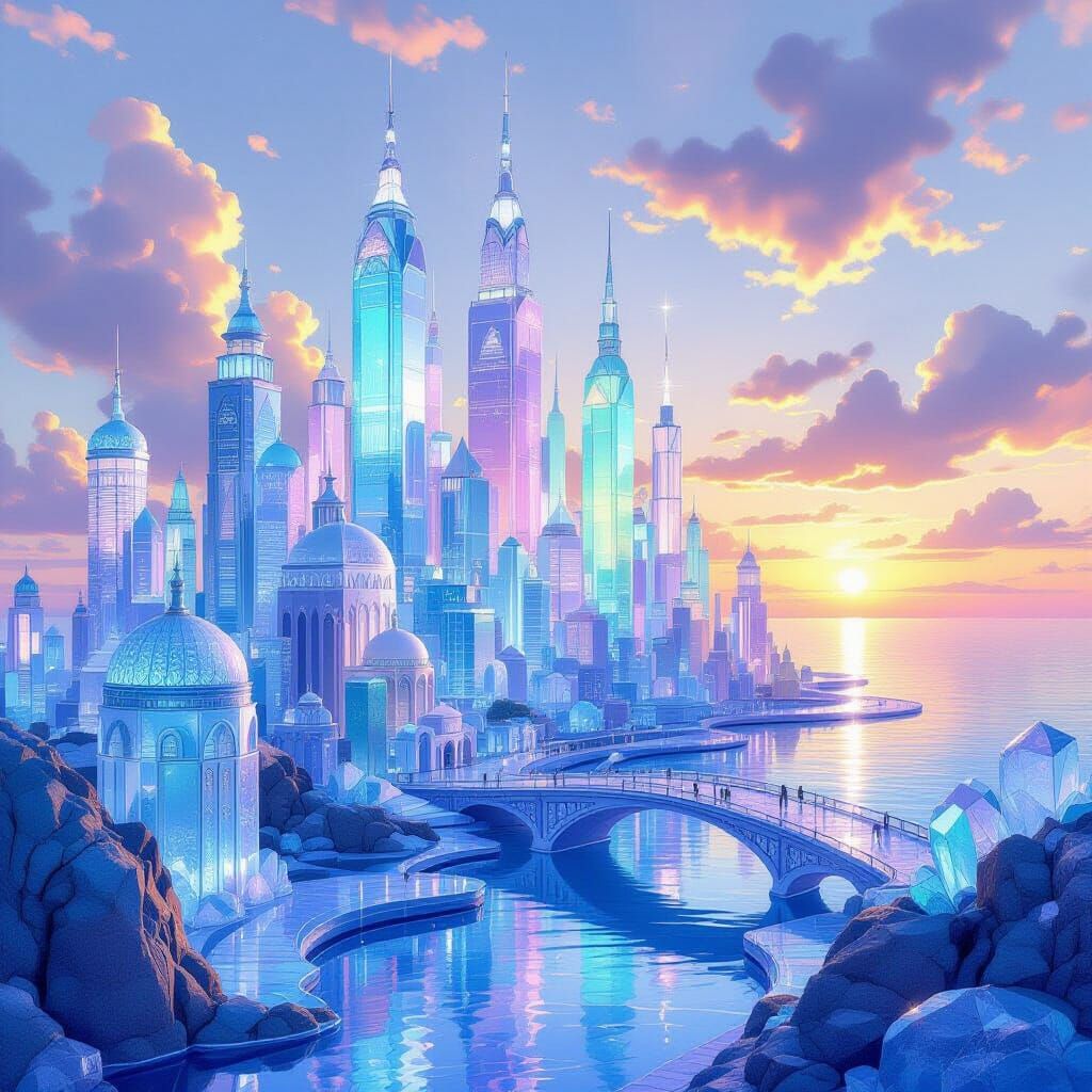 Fantastical Sea Glass Cityscape at Pearlescent Sunset