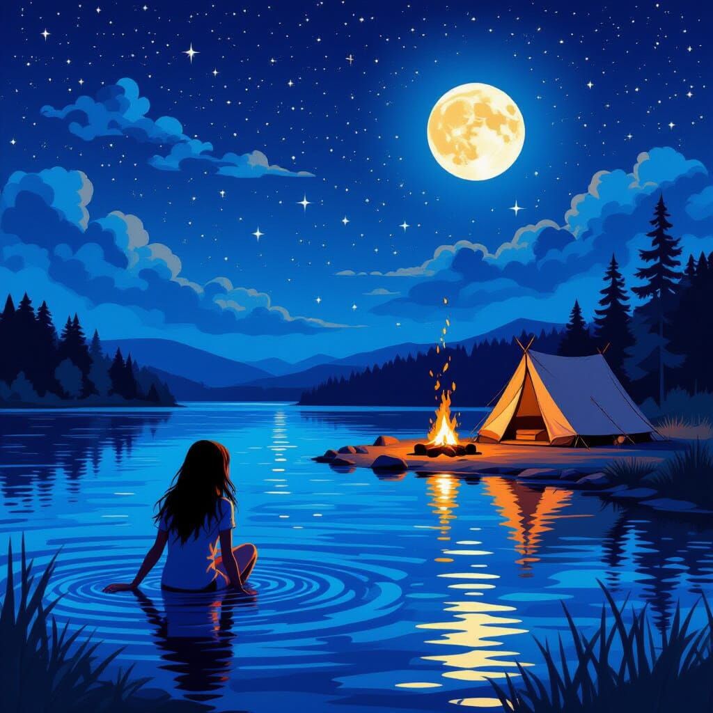 Girl in Moonlit Lake with Bonfire, Cubist Style