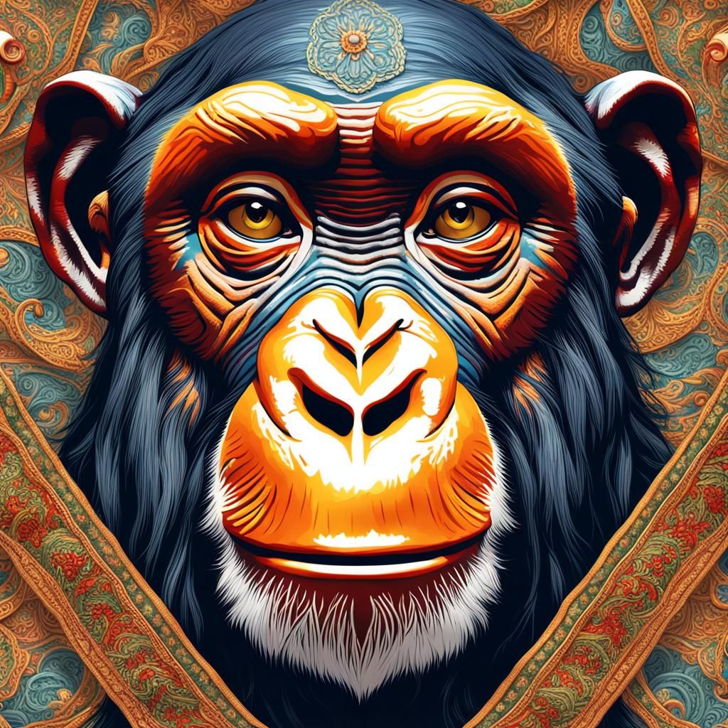 Chimpanzee Portrait with Iranian Scarf, Detailed Matte Paint...