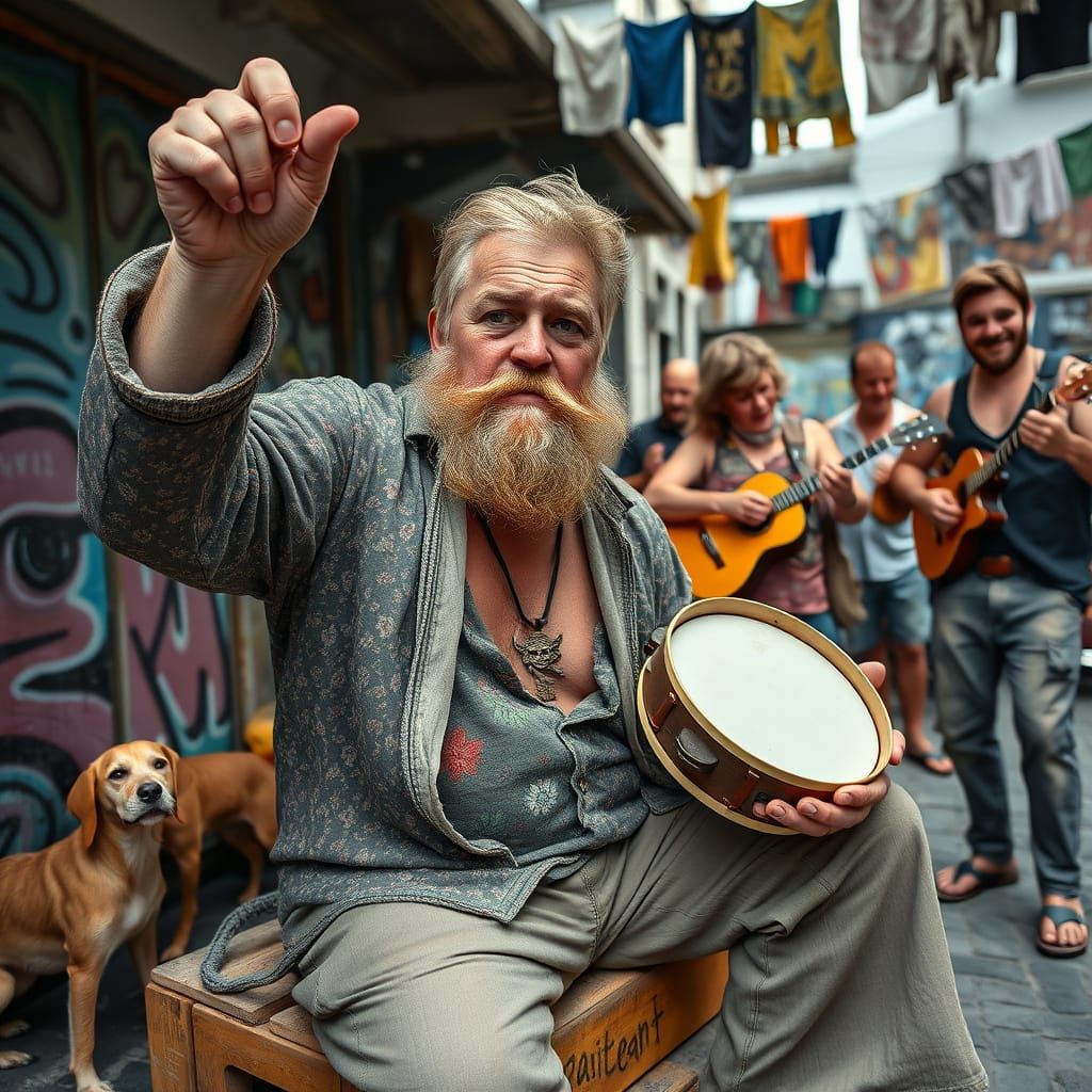 Drunken Tambourine Player in Lively Samba Scene