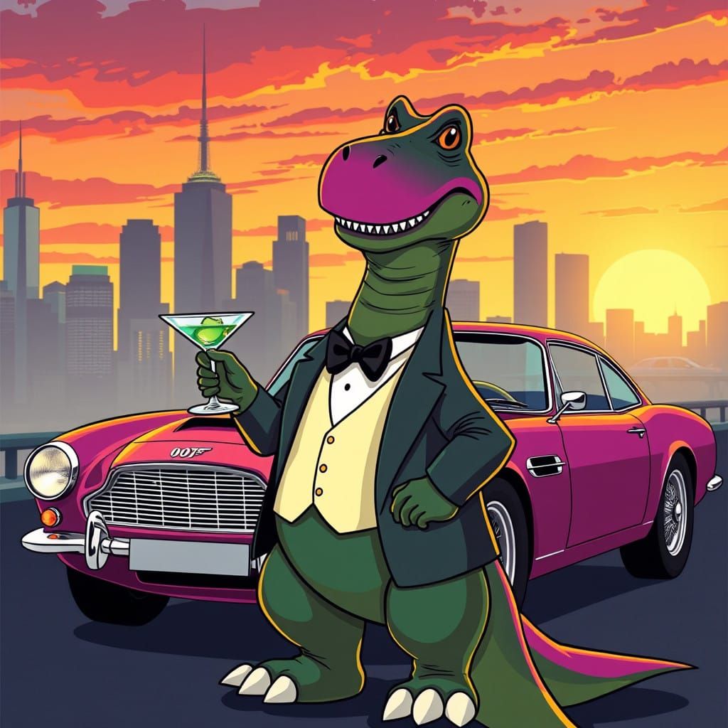 Barney the Dinosaur as 1960s James Bond in Aston Martin