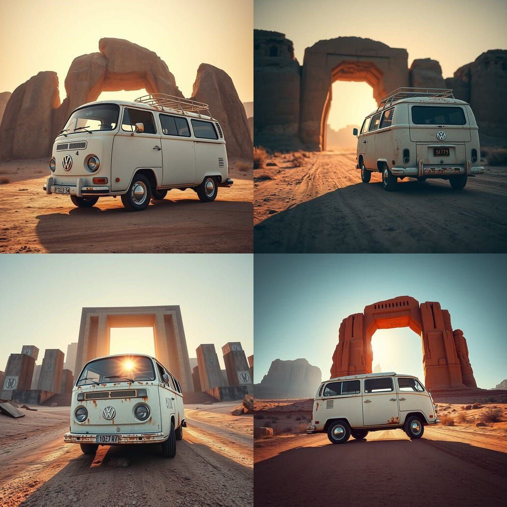 Rustic Volkswagen Kombi Amidst Minimalist Desert Ruins