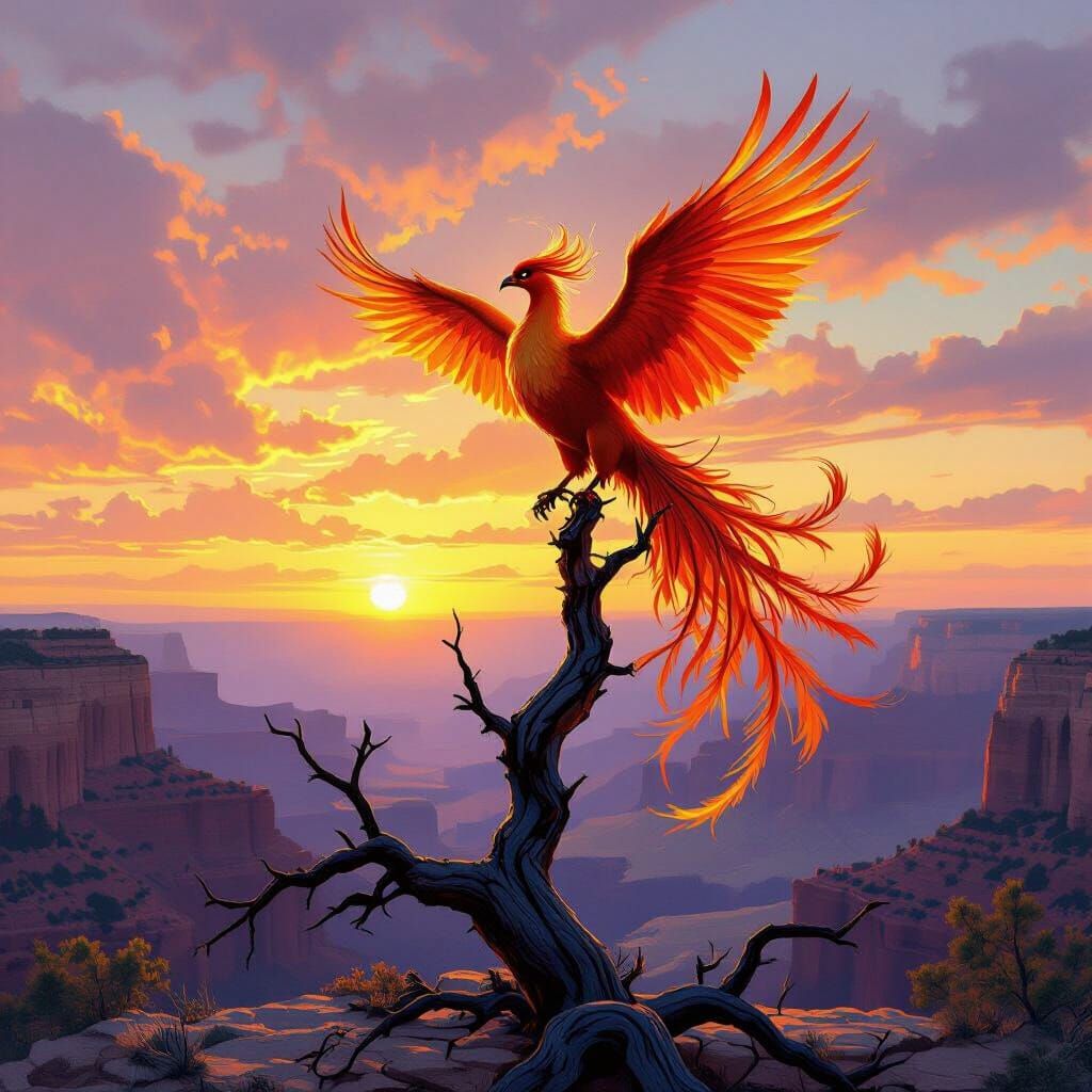 Phoenix Rests on Burnt Tree at Grand Canyon Sunrise