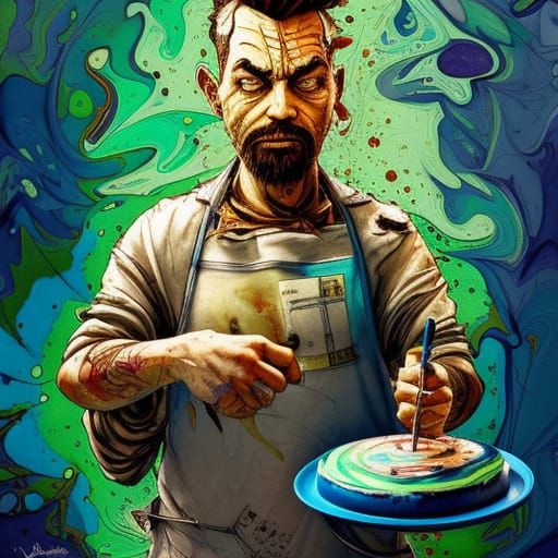 Badass Baker Portrait with Cake in Gouache Style