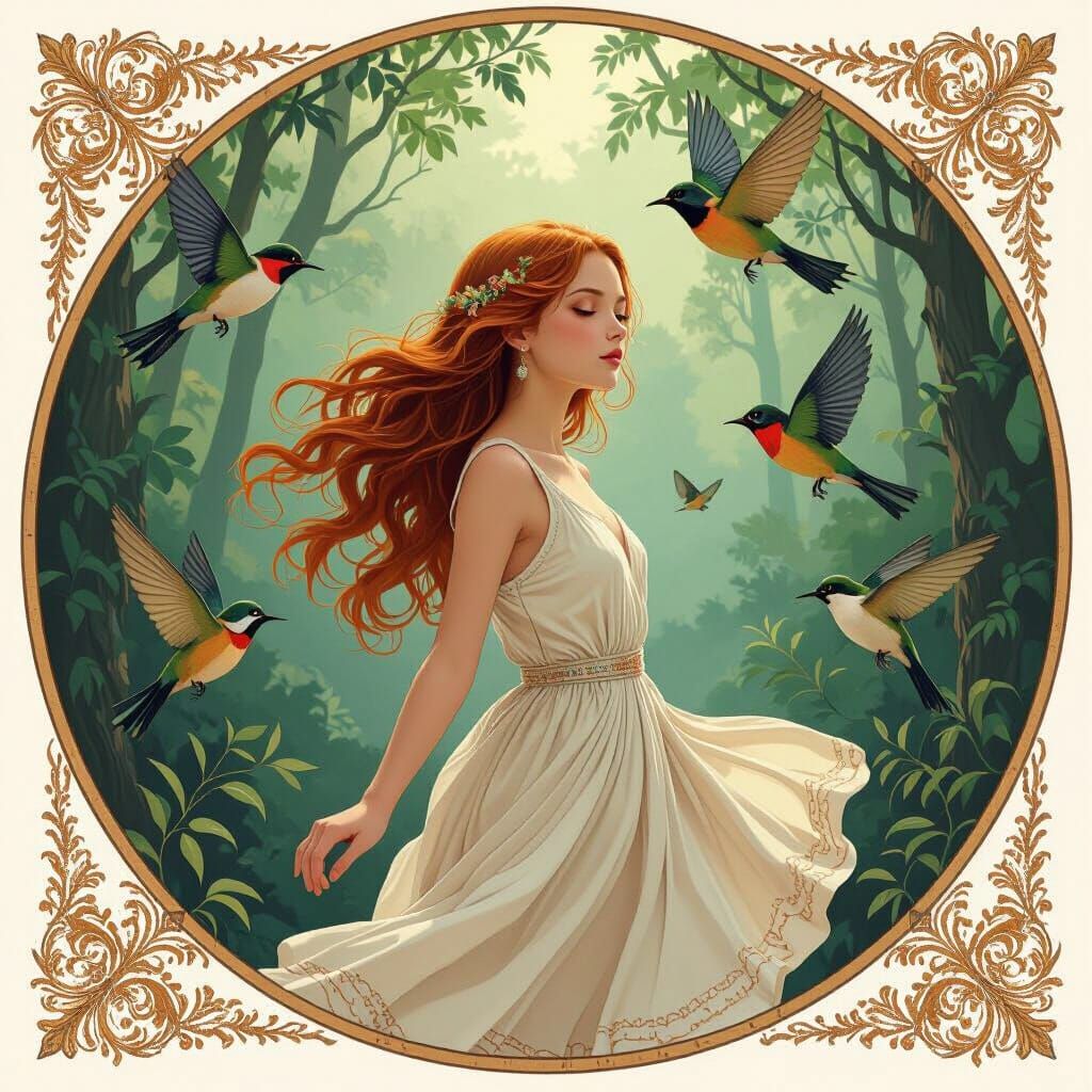 Girl Surrounded by Exotic Birds in Hyperrealistic Style