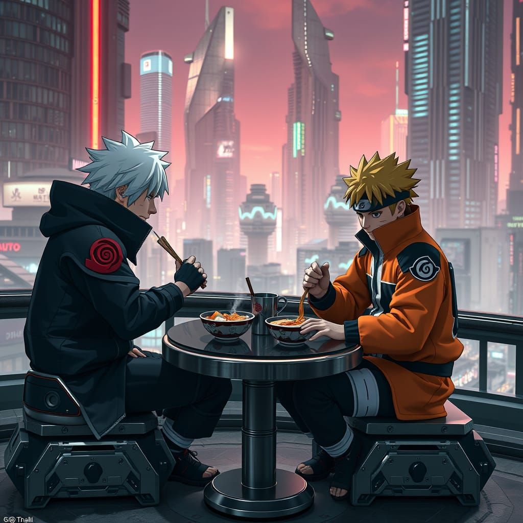 Kakashi and Naruto: Ramen in Cyberpunk Cityscape
