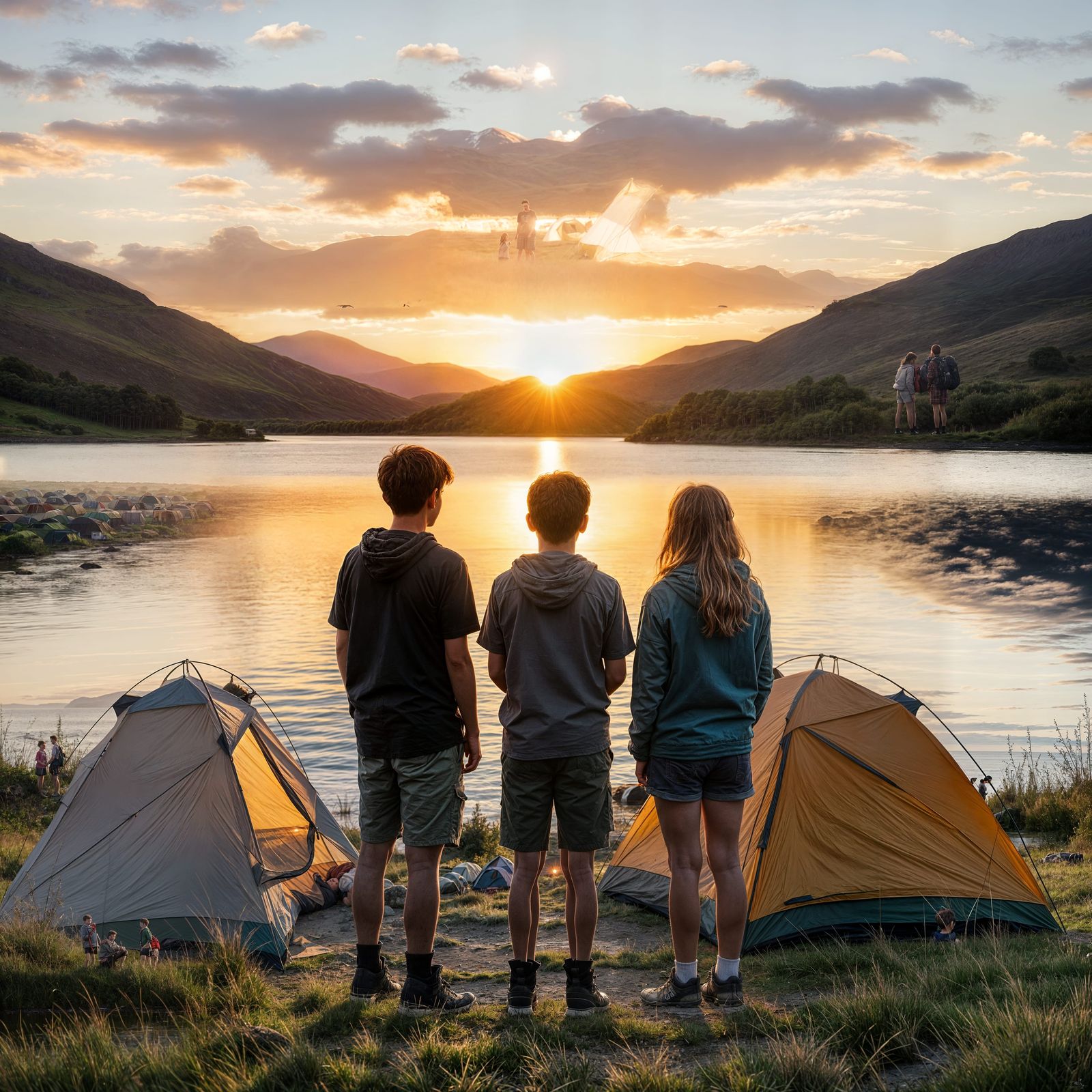 Teenagers Camping at Loch at Sunset: Photorealistic Image