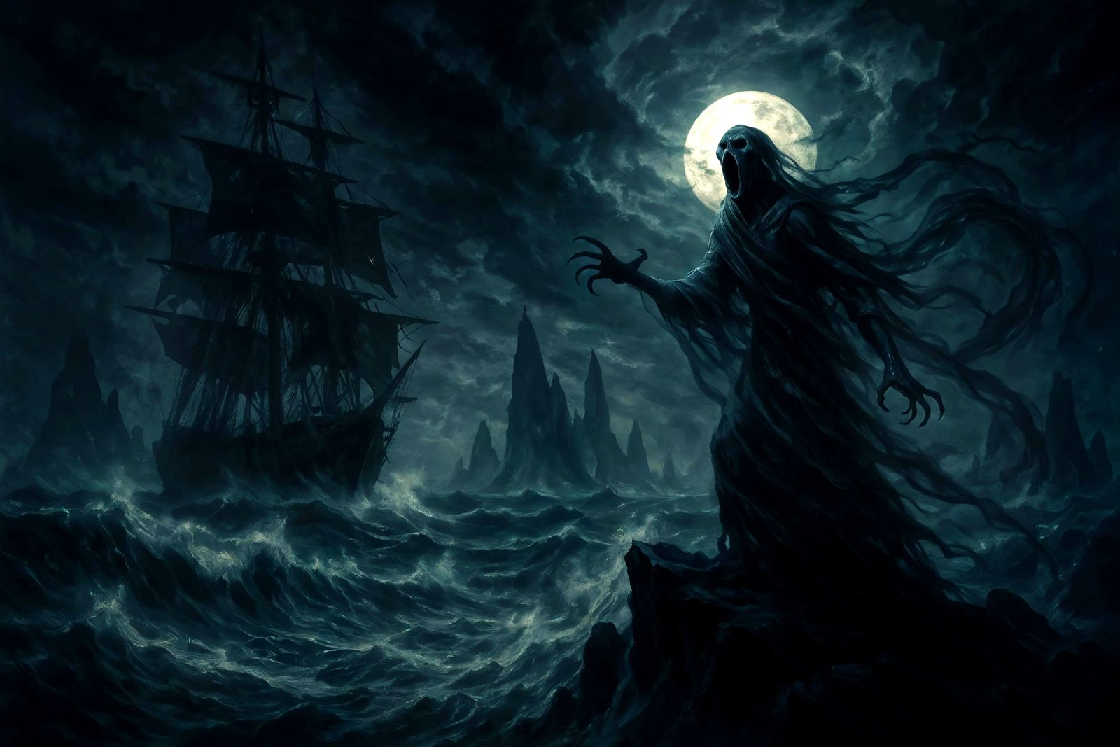 Spectral Figure in Tempestuous Sea Digital Painting