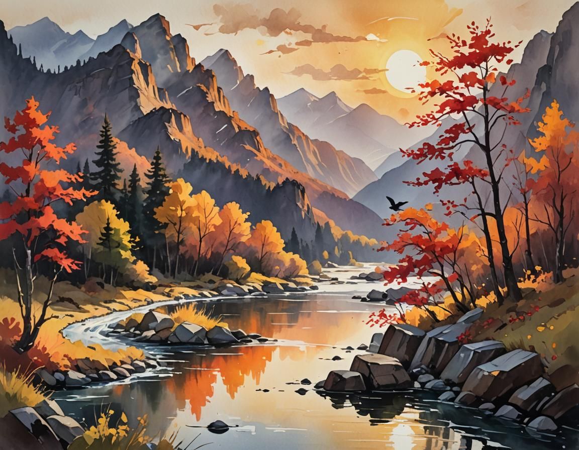 Impressionist River Landscape in Golden Light