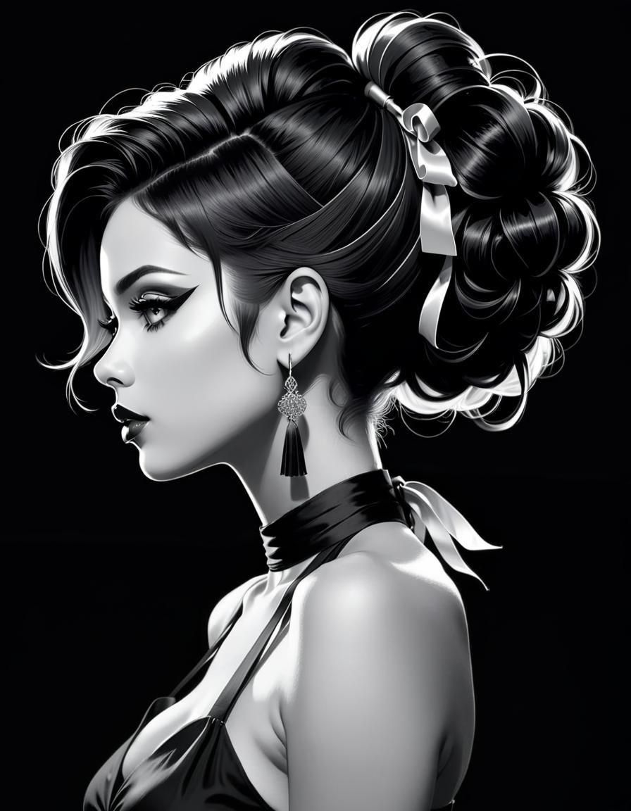 Monochrome Punk Portrait with Ribbons in Ink