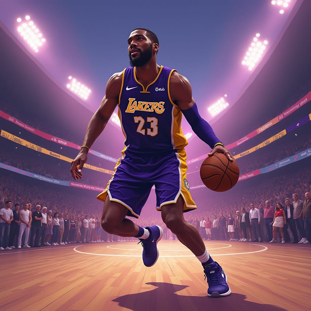 Lakers Basketball Player in Action, Set Against a Vibrant St...