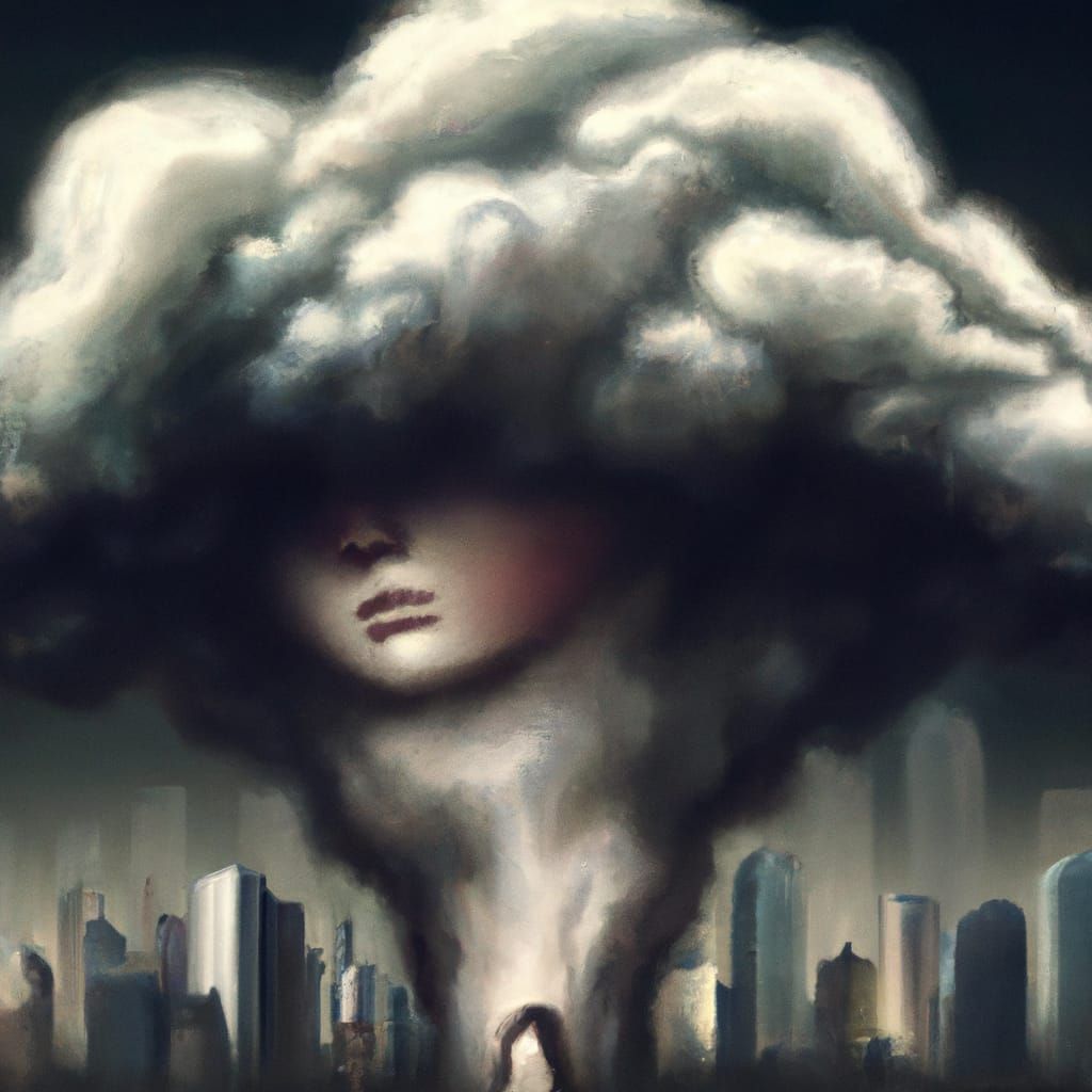 Mushroom Cloud Over City With Girl's Face in Smoke