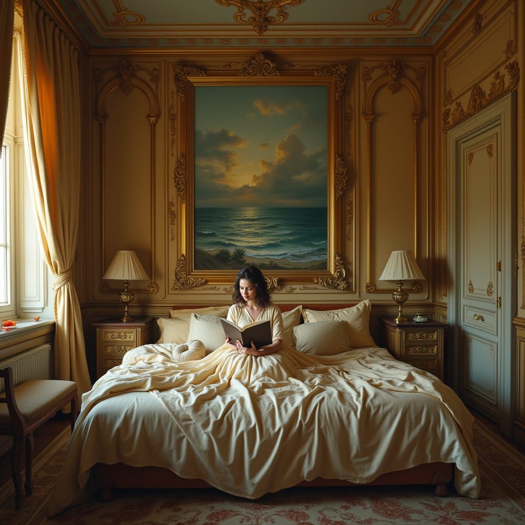 Um quarto luxuoso e surreal, com iluminação suave e paredes ...